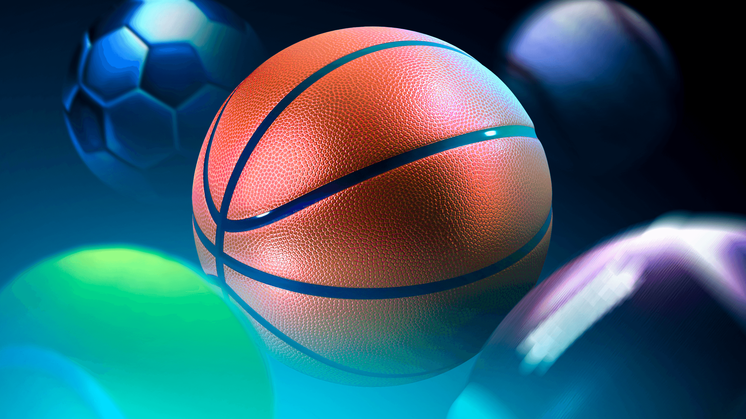 Stunning glowing basketball with neon blue accents against a dark background with blurred sports balls. Ideal header image for sports betting and NBA blogs.